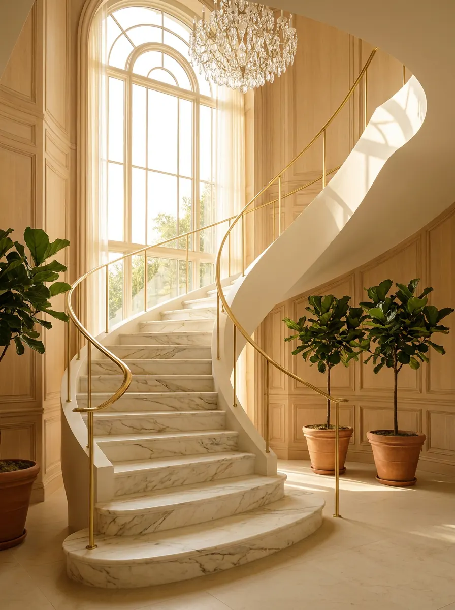 Sweeping marble staircase